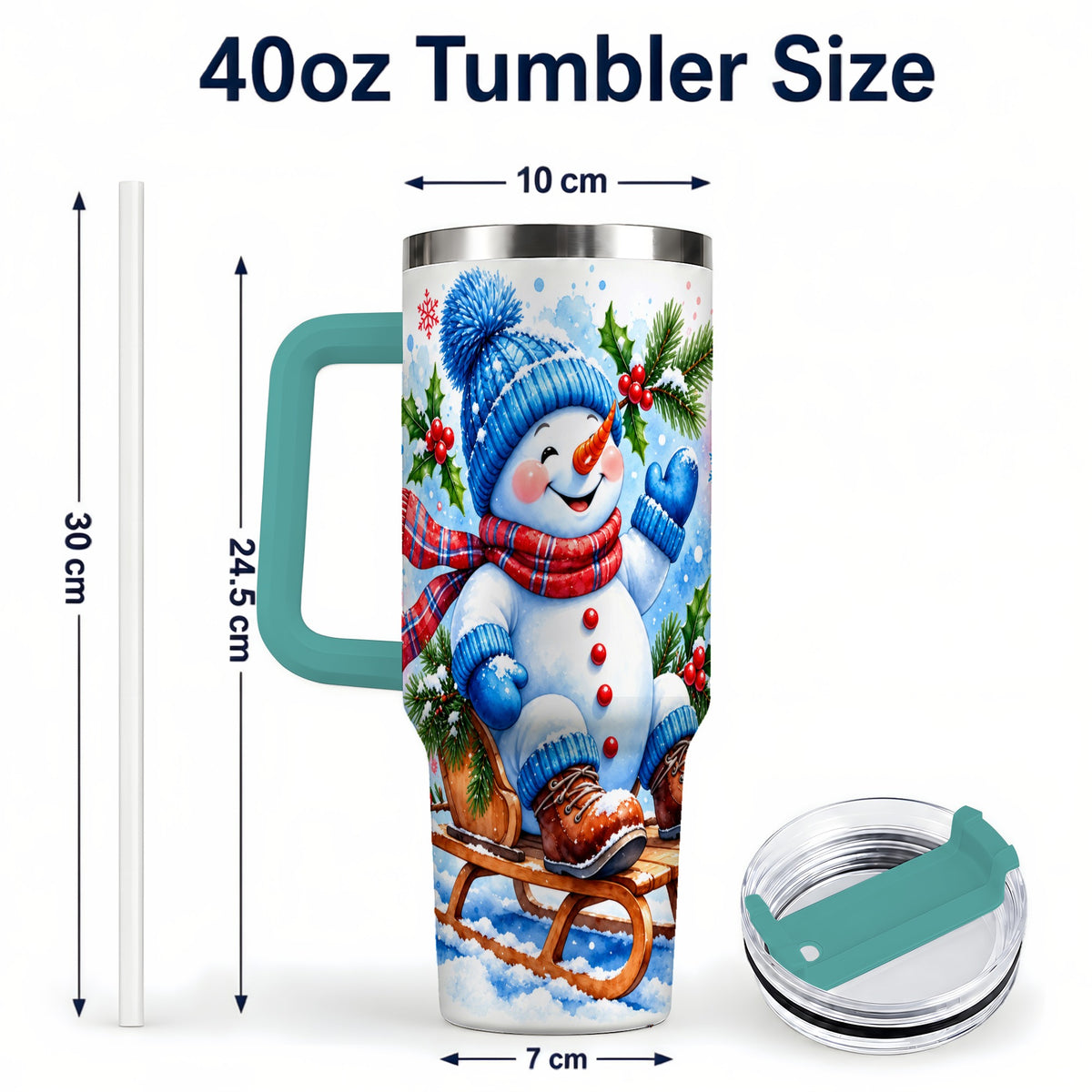 #pl[40oz|Green] Watercolor Snowman 40oz Tumbler with Handle, Winter Steel Tumbler