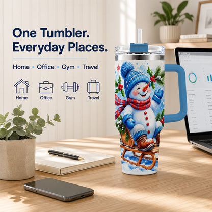 #pl[40oz|Blue] Watercolor Snowman 40oz Tumbler with Handle, Winter Steel Tumbler