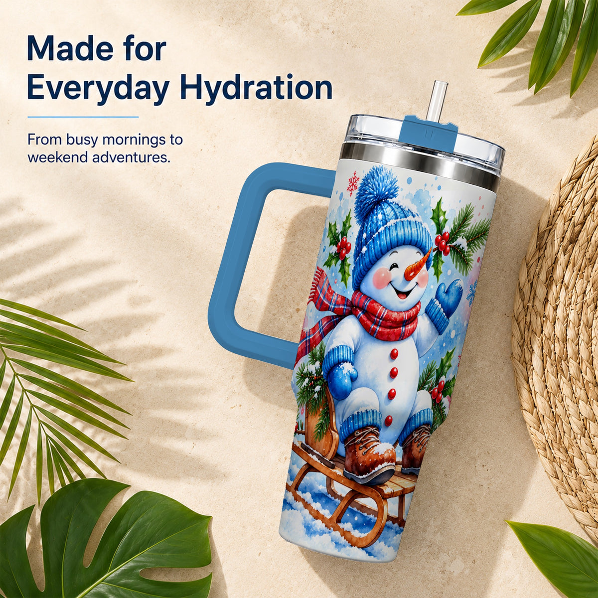 #pl[40oz|Blue] Watercolor Snowman 40oz Tumbler with Handle, Winter Steel Tumbler