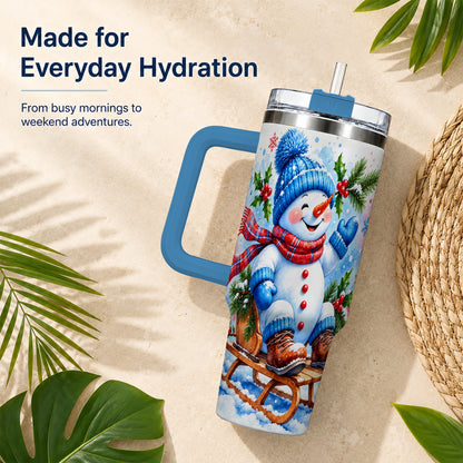 #pl[40oz|Blue] Watercolor Snowman 40oz Tumbler with Handle, Winter Steel Tumbler