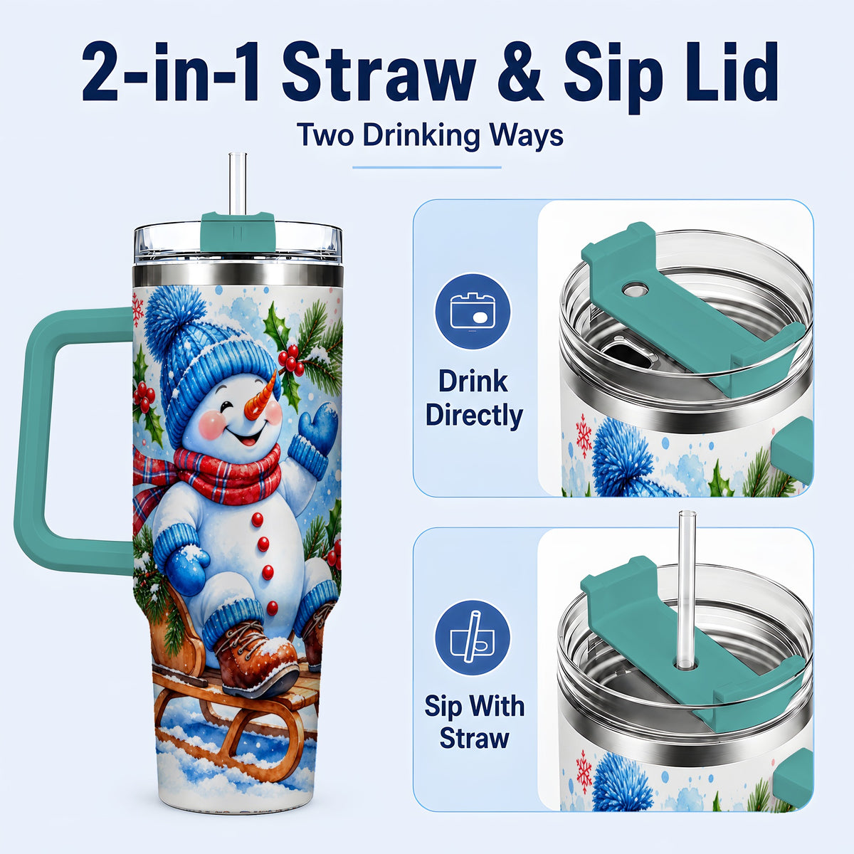 #pl[40oz|Green] Watercolor Snowman 40oz Tumbler with Handle, Winter Steel Tumbler