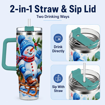 #pl[40oz|Green] Watercolor Snowman 40oz Tumbler with Handle, Winter Steel Tumbler