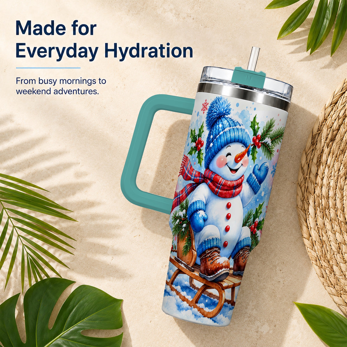 #pl[40oz|Green] Watercolor Snowman 40oz Tumbler with Handle, Winter Steel Tumbler