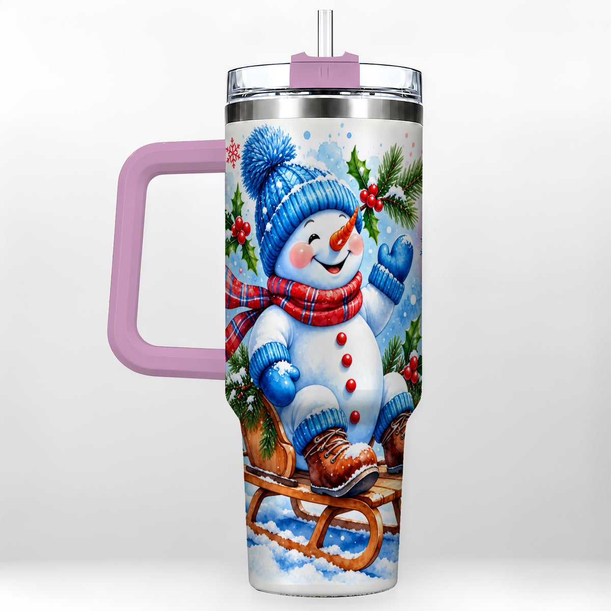#pl[40oz|Pink] Watercolor Snowman 40oz Tumbler with Handle, Winter Steel Tumbler