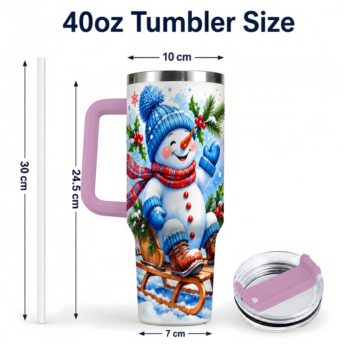#pl[40oz|Pink] Watercolor Snowman 40oz Tumbler with Handle, Winter Steel Tumbler