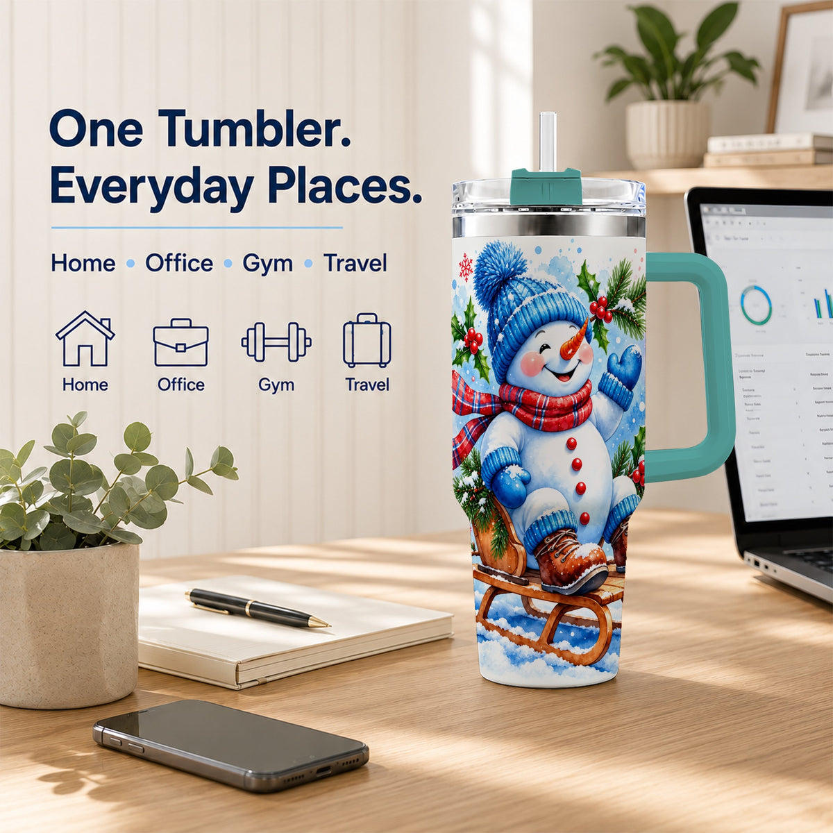 #pl[40oz|Green] Watercolor Snowman 40oz Tumbler with Handle, Winter Steel Tumbler