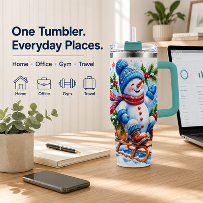 #pl[40oz|Green] Watercolor Snowman 40oz Tumbler with Handle, Winter Steel Tumbler