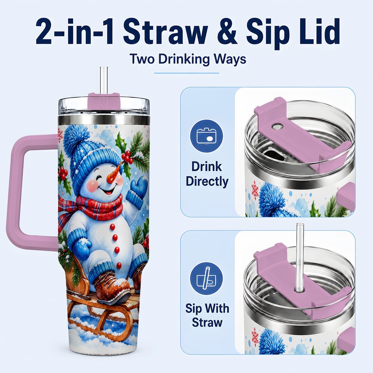 #pl[40oz|Pink] Watercolor Snowman 40oz Tumbler with Handle, Winter Steel Tumbler
