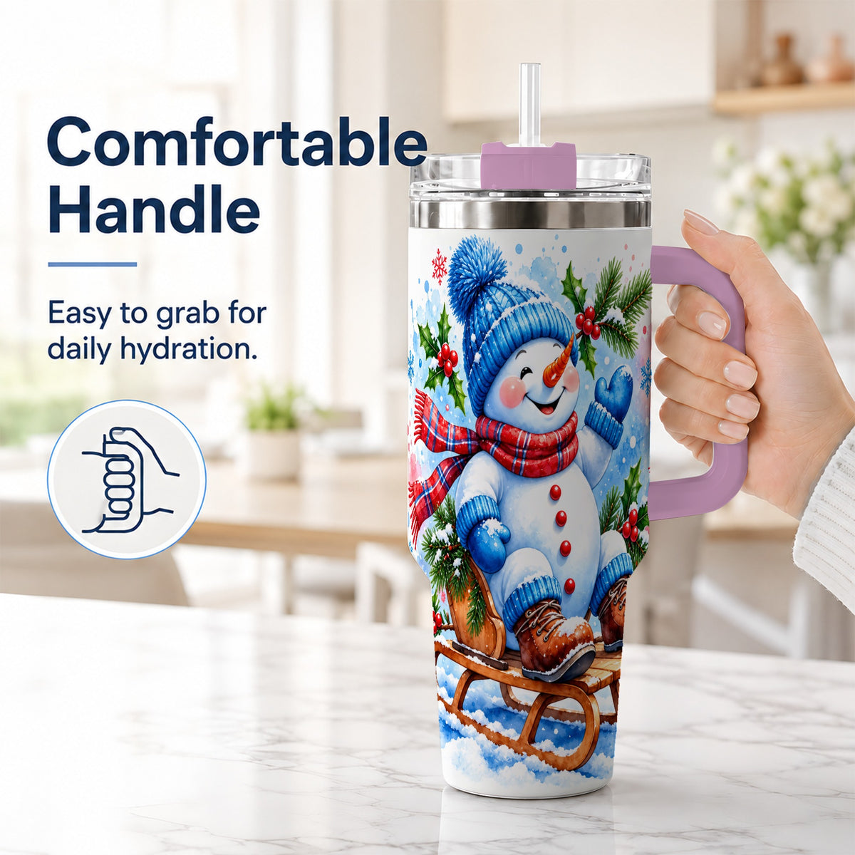 #pl[40oz|Pink] Watercolor Snowman 40oz Tumbler with Handle, Winter Steel Tumbler