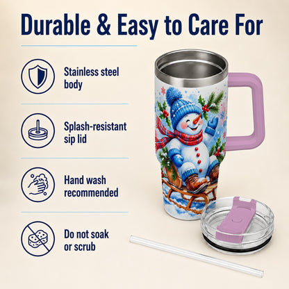 #pl[40oz|Pink] Watercolor Snowman 40oz Tumbler with Handle, Winter Steel Tumbler