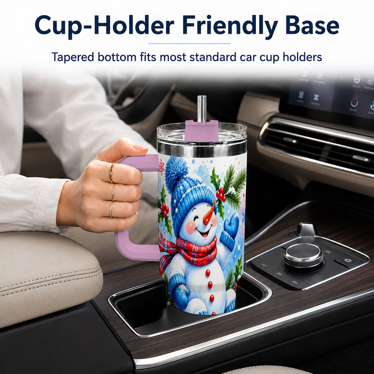 #pl[40oz|Pink] Watercolor Snowman 40oz Tumbler with Handle, Winter Steel Tumbler