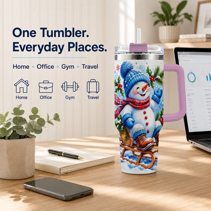 #pl[40oz|Pink] Watercolor Snowman 40oz Tumbler with Handle, Winter Steel Tumbler