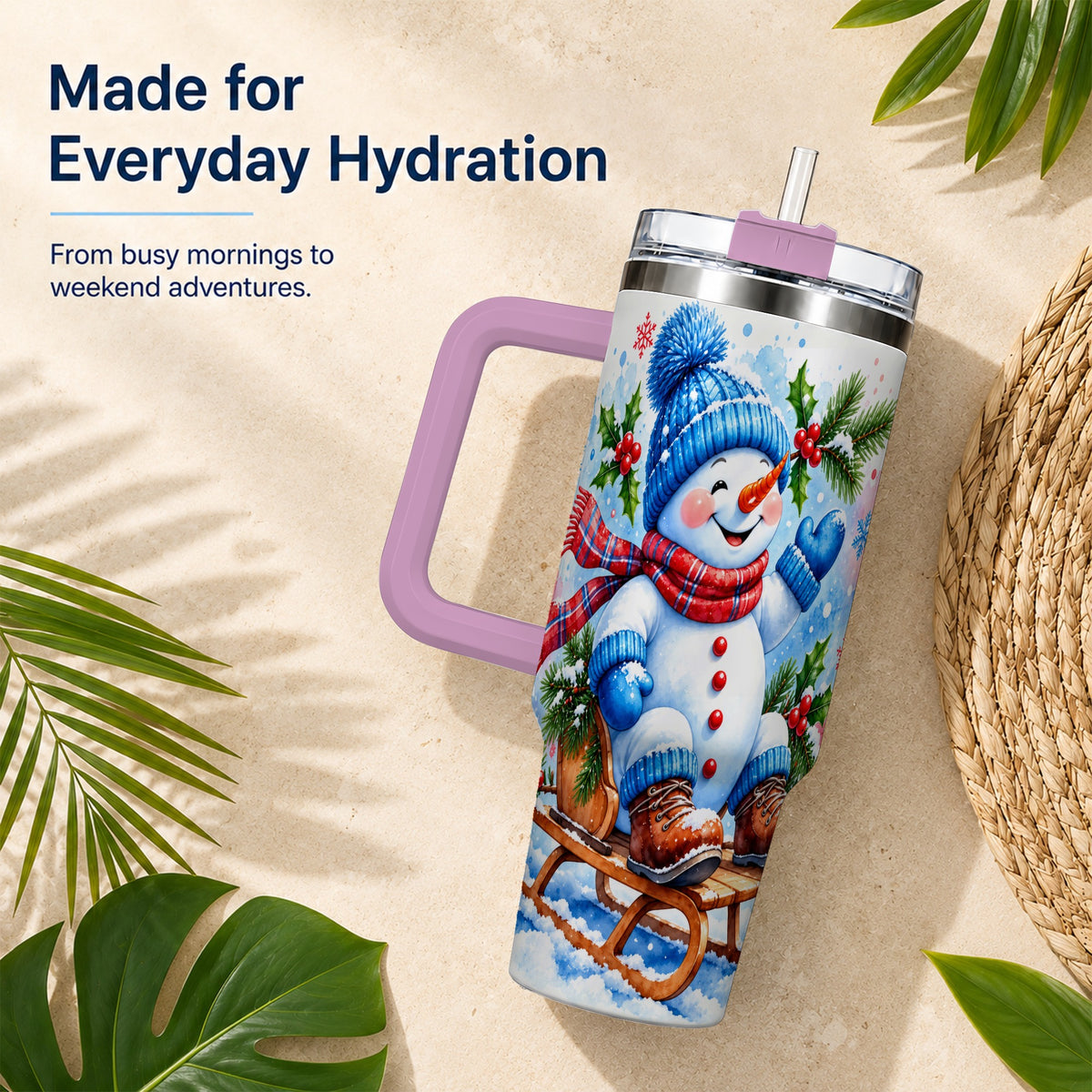 #pl[40oz|Pink] Watercolor Snowman 40oz Tumbler with Handle, Winter Steel Tumbler