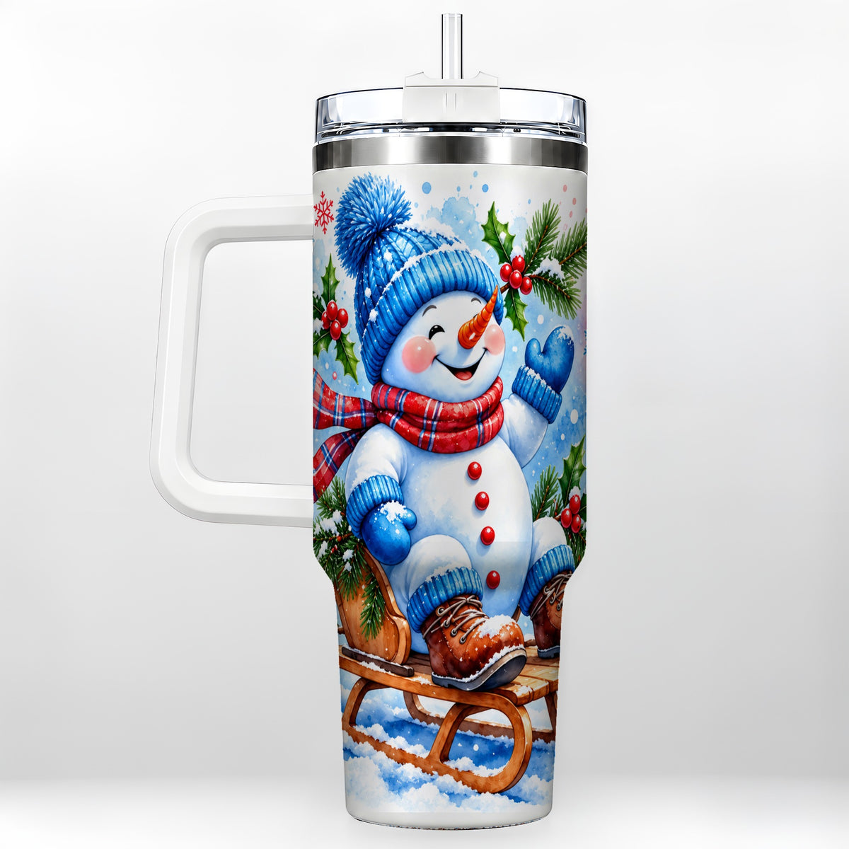 Watercolor Snowman 40oz Tumbler with Handle, Winter Steel Tumbler