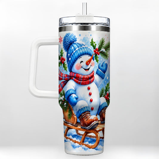 Watercolor Snowman 40oz Tumbler with Handle, Winter Steel Tumbler