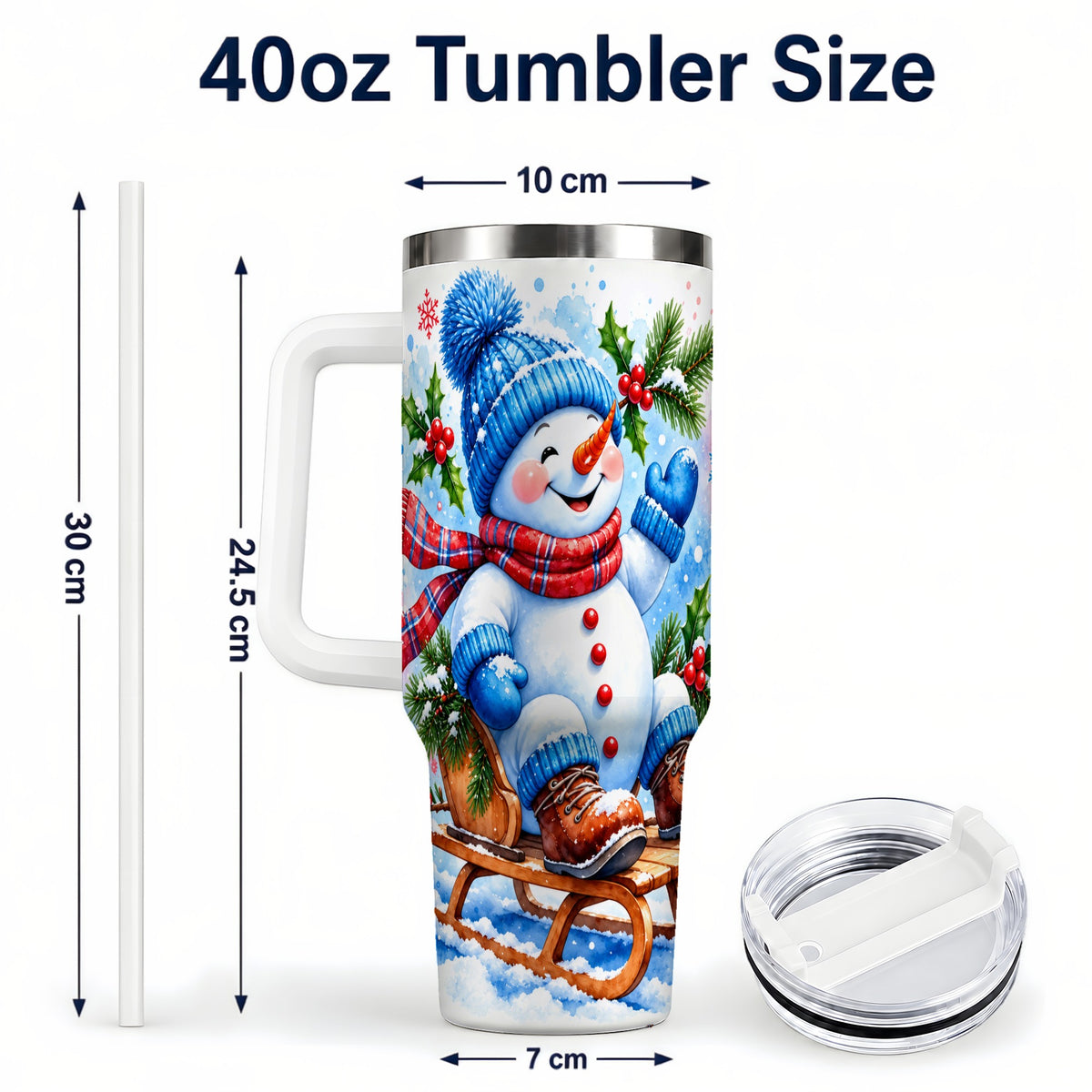 #pl[40oz|White] Watercolor Snowman 40oz Tumbler with Handle, Winter Steel Tumbler