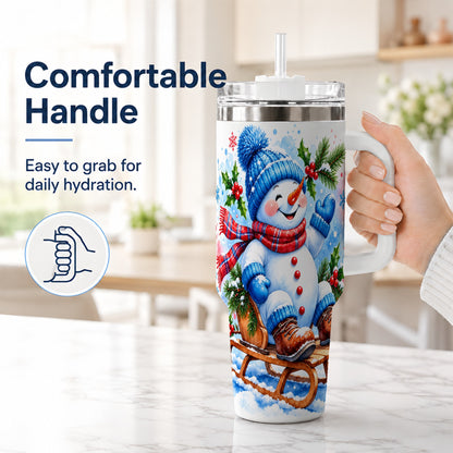 #pl[40oz|White] Watercolor Snowman 40oz Tumbler with Handle, Winter Steel Tumbler
