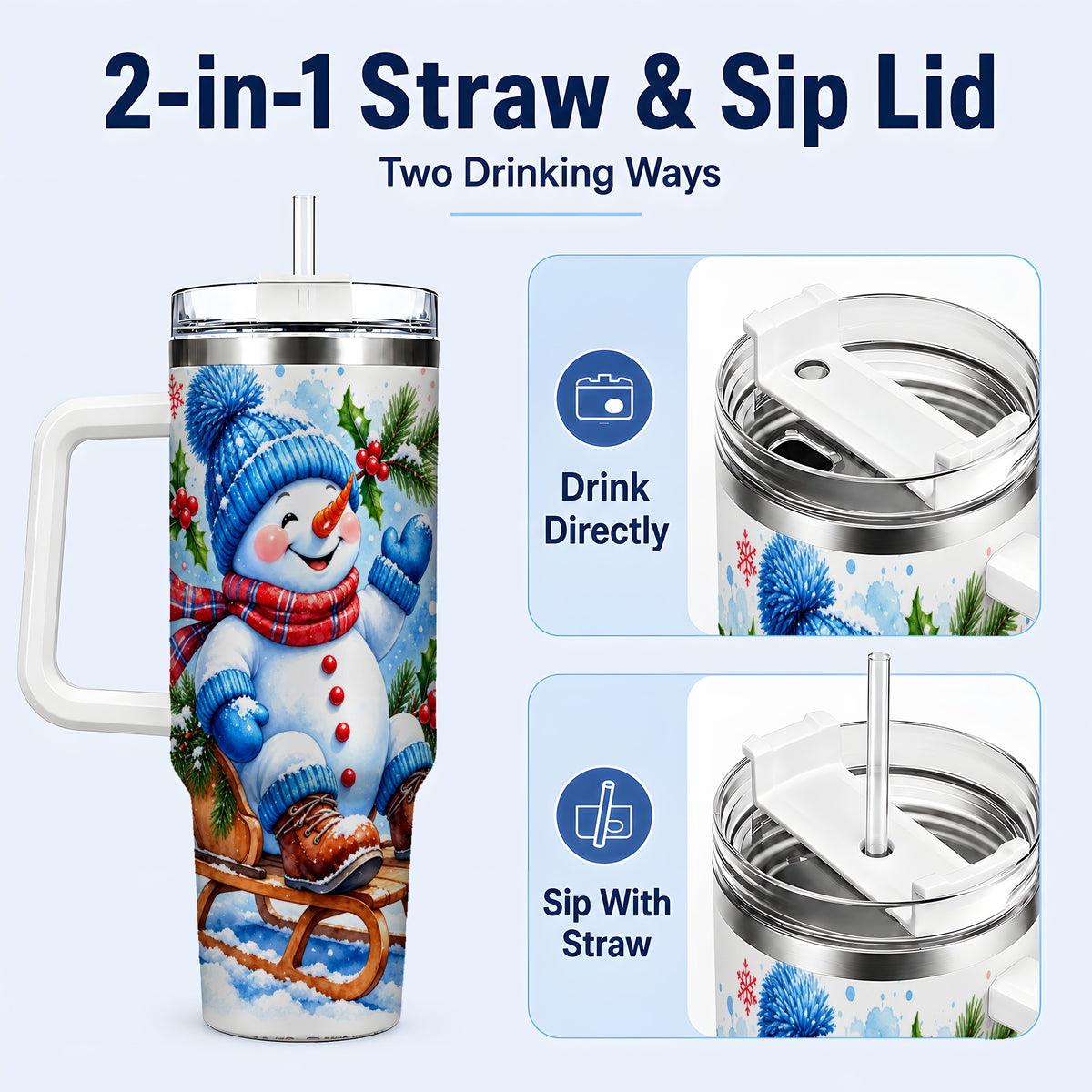 #pl[40oz|White] Watercolor Snowman 40oz Tumbler with Handle, Winter Steel Tumbler