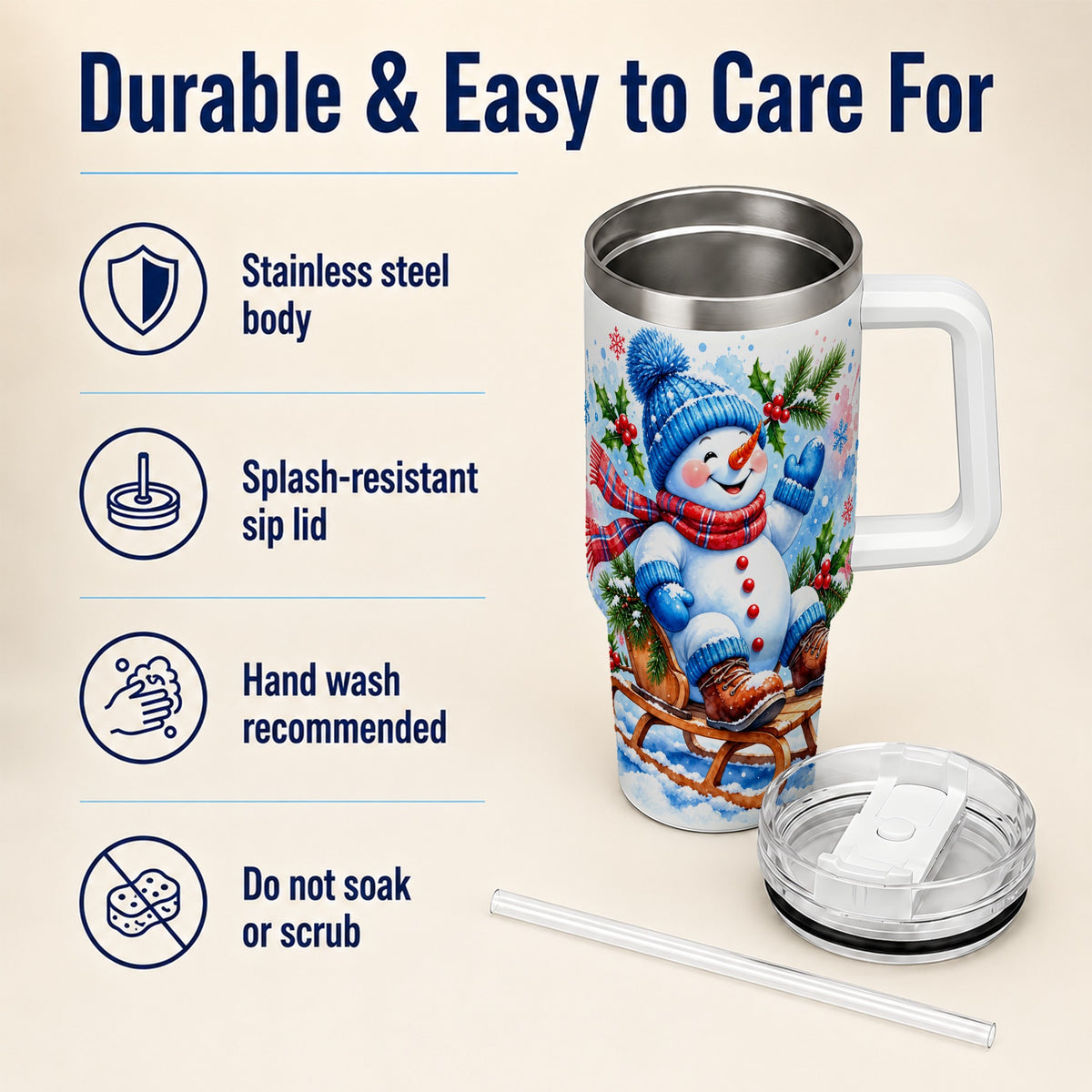 #pl[40oz|White] Watercolor Snowman 40oz Tumbler with Handle, Winter Steel Tumbler