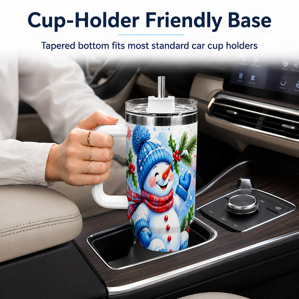 #pl[40oz|White] Watercolor Snowman 40oz Tumbler with Handle, Winter Steel Tumbler