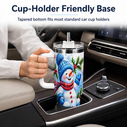 #pl[40oz|White] Watercolor Snowman 40oz Tumbler with Handle, Winter Steel Tumbler