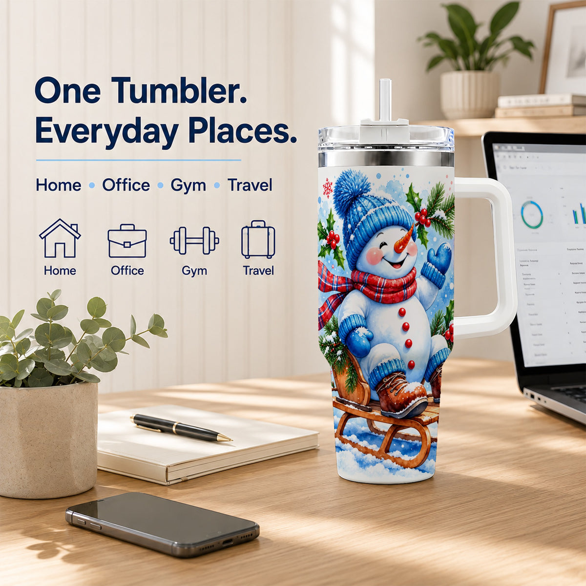 #pl[40oz|White] Watercolor Snowman 40oz Tumbler with Handle, Winter Steel Tumbler