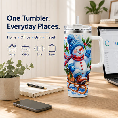 #pl[40oz|White] Watercolor Snowman 40oz Tumbler with Handle, Winter Steel Tumbler