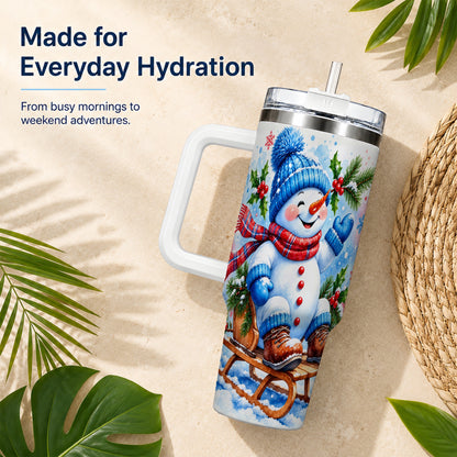 #pl[40oz|White] Watercolor Snowman 40oz Tumbler with Handle, Winter Steel Tumbler