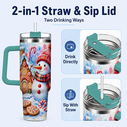 #pl[40oz|Green] Snowman Gingerbread 40oz Tumbler with Handle, Winter Stainless Steel Cup