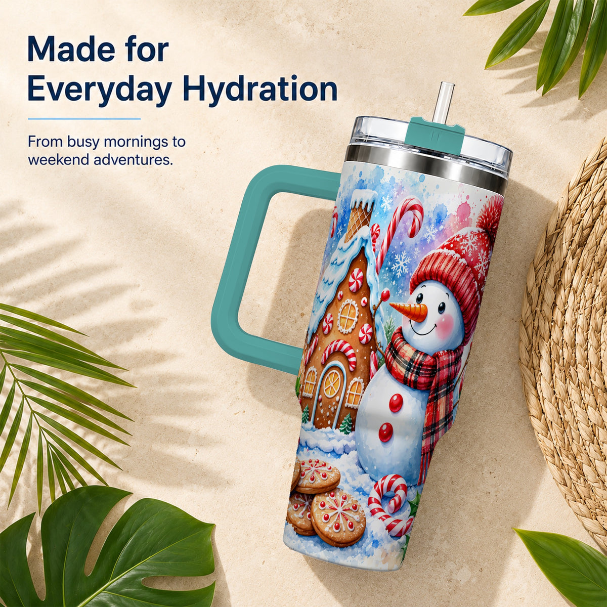 #pl[40oz|Green] Snowman Gingerbread 40oz Tumbler with Handle, Winter Stainless Steel Cup
