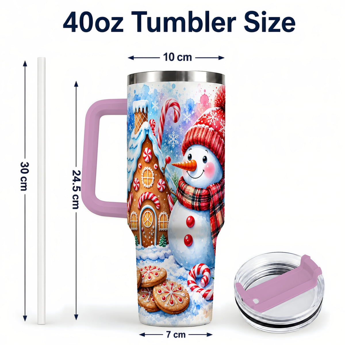 #pl[40oz|Pink] Snowman Gingerbread 40oz Tumbler with Handle, Winter Stainless Steel Cup