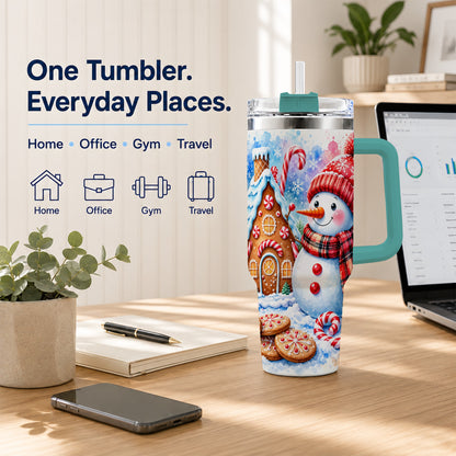 #pl[40oz|Green] Snowman Gingerbread 40oz Tumbler with Handle, Winter Stainless Steel Cup