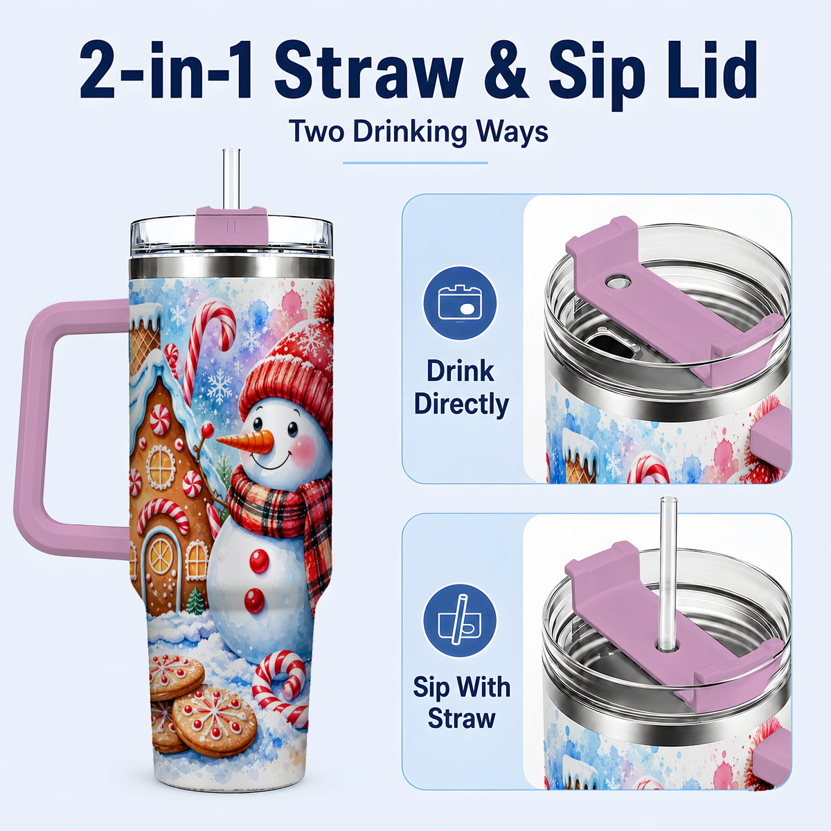 #pl[40oz|Pink] Snowman Gingerbread 40oz Tumbler with Handle, Winter Stainless Steel Cup