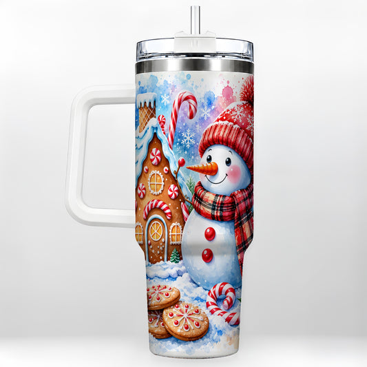 Snowman Gingerbread 40oz Tumbler with Handle, Winter Stainless Steel Cup