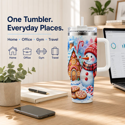 #pl[40oz|White] Snowman Gingerbread 40oz Tumbler with Handle, Winter Stainless Steel Cup