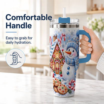 #pl[40oz|Blue] Blue Snowman 40oz Tumbler with Handle, Jeweled Winter Stainless Steel Cup