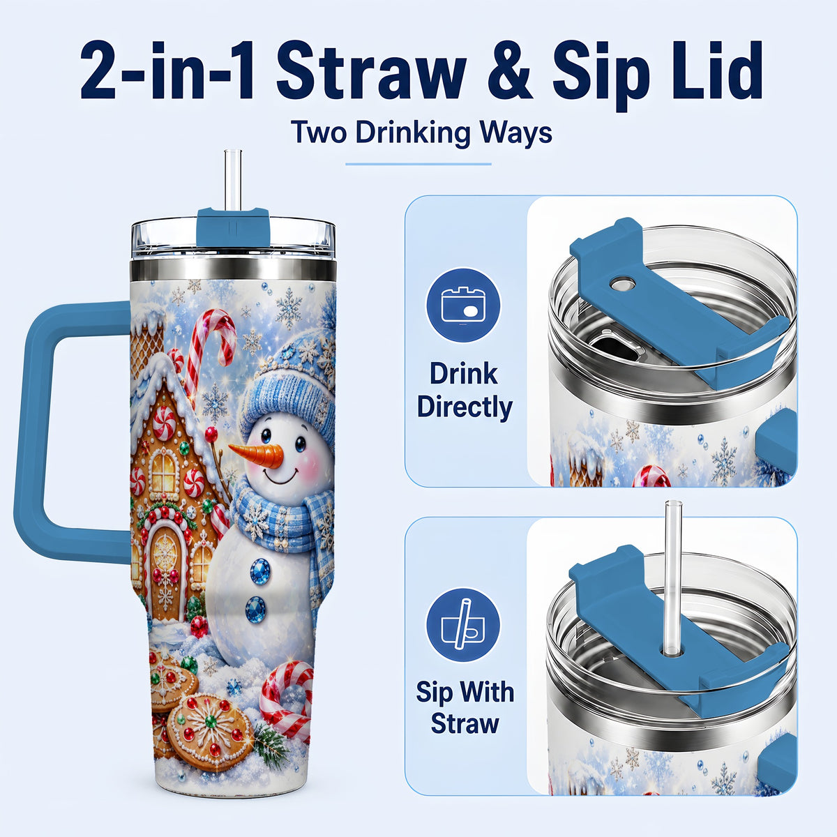 #pl[40oz|Blue] Blue Snowman 40oz Tumbler with Handle, Jeweled Winter Stainless Steel Cup