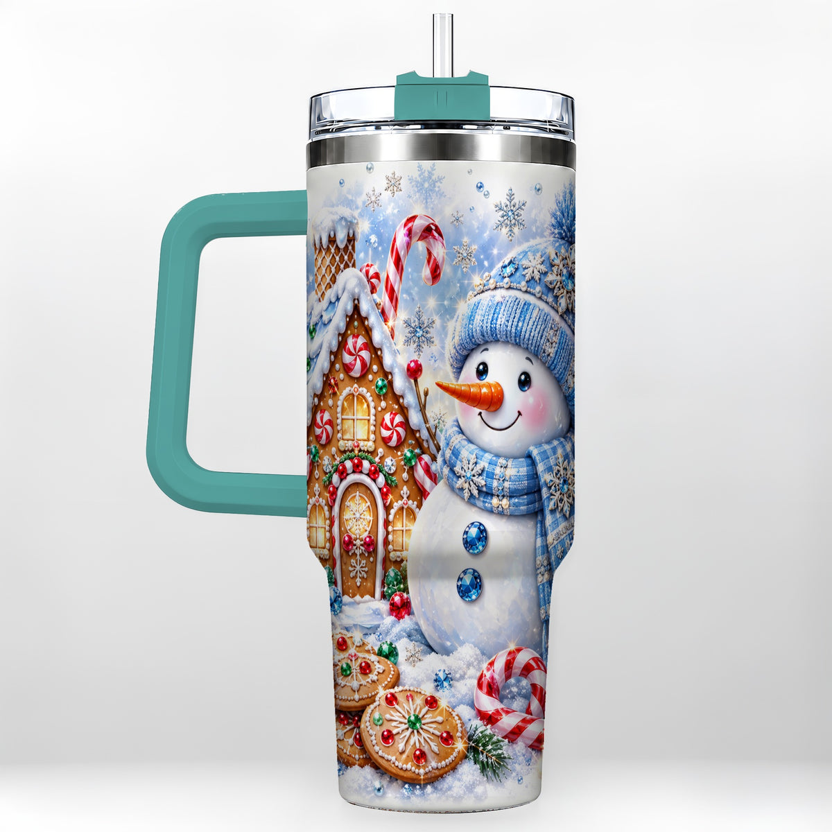 #pl[40oz|Green] Blue Snowman 40oz Tumbler with Handle, Jeweled Winter Stainless Steel Cup