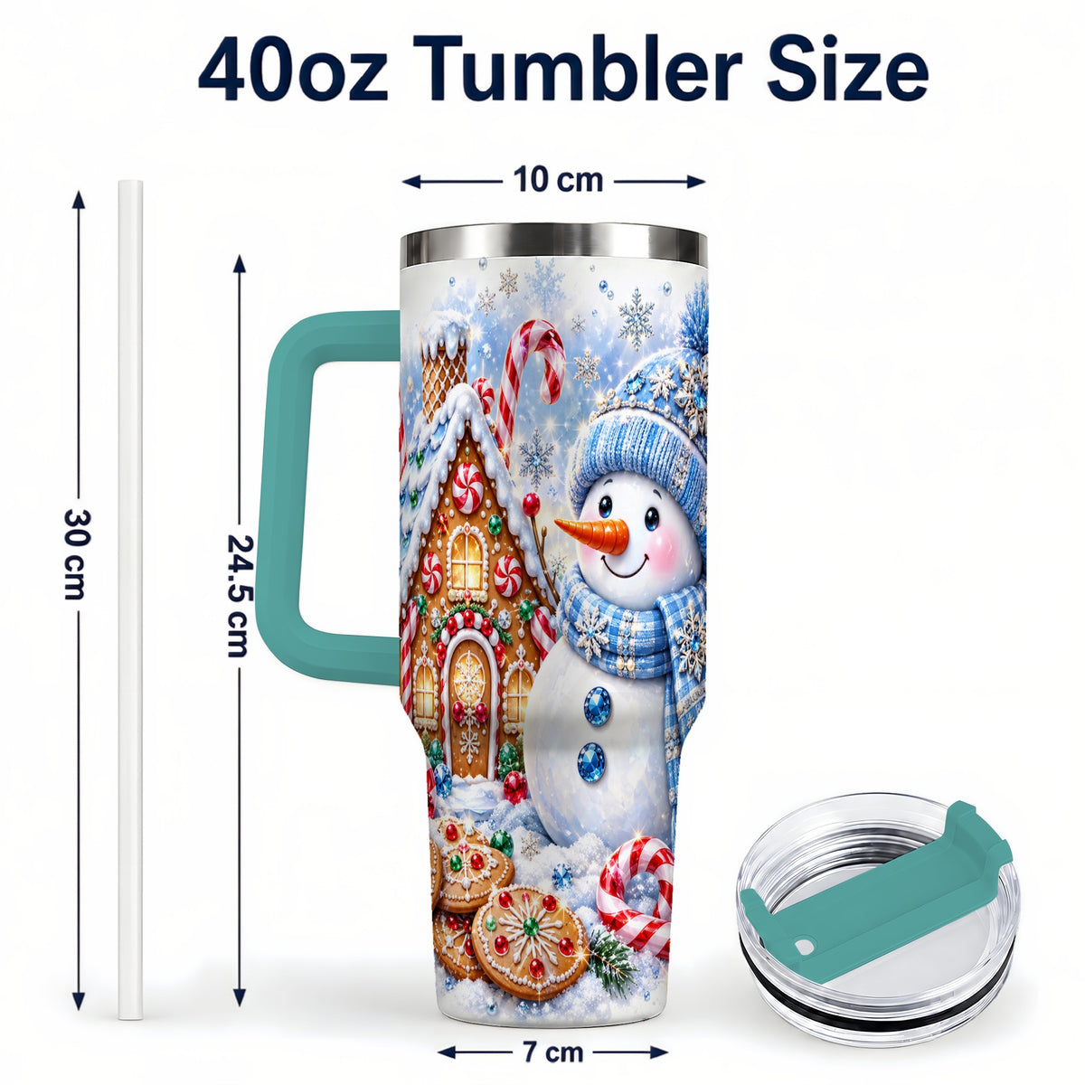 #pl[40oz|Green] Blue Snowman 40oz Tumbler with Handle, Jeweled Winter Stainless Steel Cup