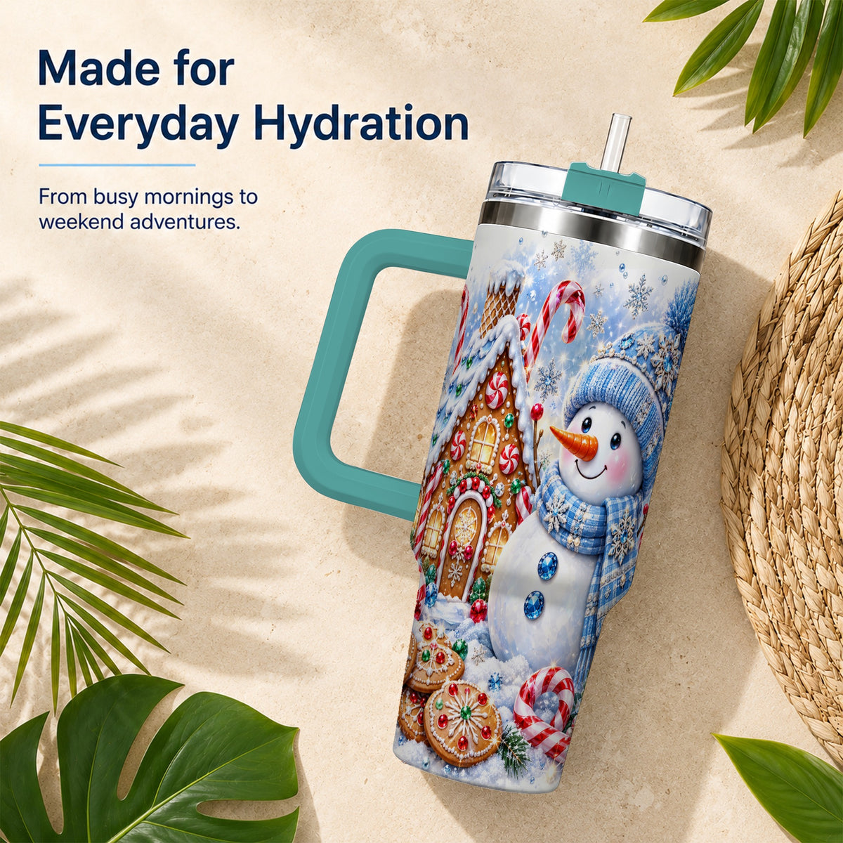 #pl[40oz|Green] Blue Snowman 40oz Tumbler with Handle, Jeweled Winter Stainless Steel Cup