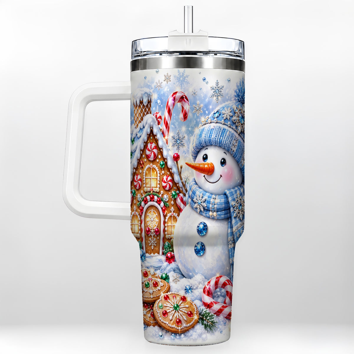 Blue Snowman 40oz Tumbler with Handle, Jeweled Winter Stainless Steel Cup