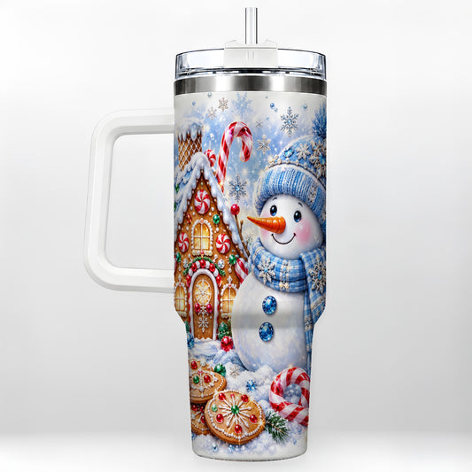 Blue Snowman 40oz Tumbler with Handle, Jeweled Winter Stainless Steel Cup