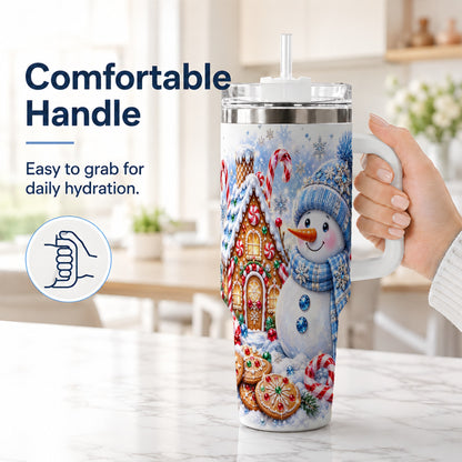 #pl[40oz|White] Blue Snowman 40oz Tumbler with Handle, Jeweled Winter Stainless Steel Cup