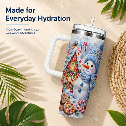 #pl[40oz|White] Blue Snowman 40oz Tumbler with Handle, Jeweled Winter Stainless Steel Cup