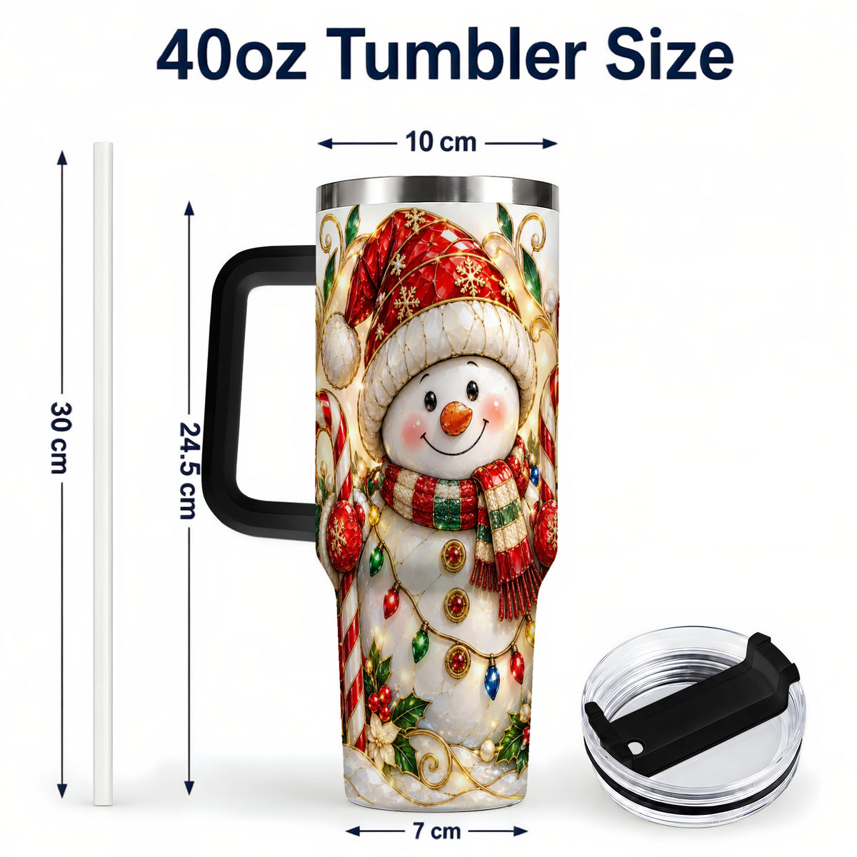 #pl[40oz|Black] Festive Snowman 40oz Tumbler with Handle, Holiday Steel Travel Cup