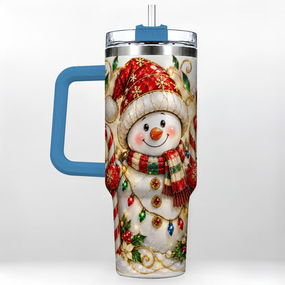 #pl[40oz|Blue] Festive Snowman 40oz Tumbler with Handle, Holiday Steel Travel Cup
