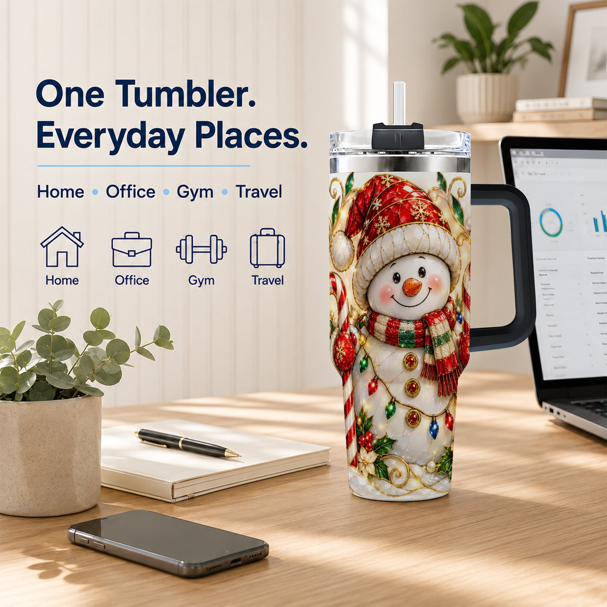 #pl[40oz|Black] Festive Snowman 40oz Tumbler with Handle, Holiday Steel Travel Cup