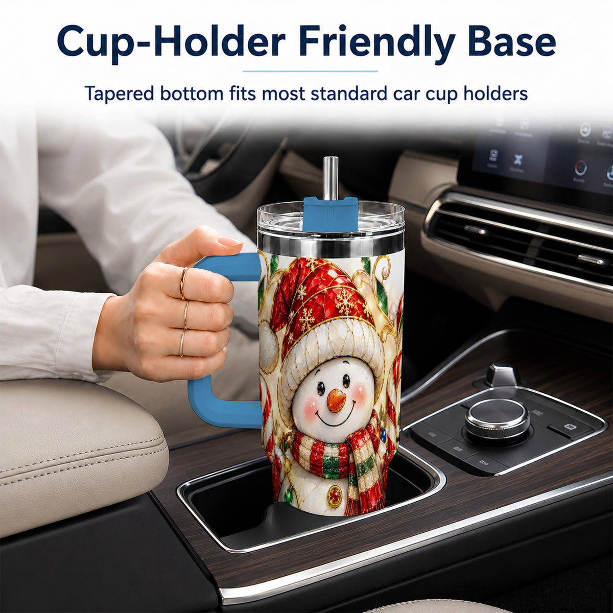 #pl[40oz|Blue] Festive Snowman 40oz Tumbler with Handle, Holiday Steel Travel Cup