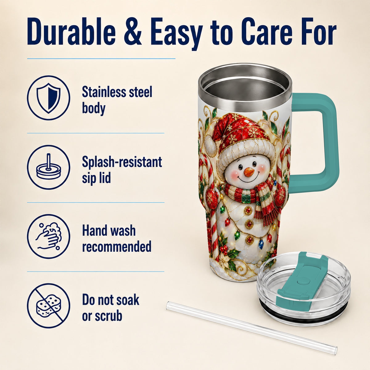 #pl[40oz|Green] Festive Snowman 40oz Tumbler with Handle, Holiday Steel Travel Cup