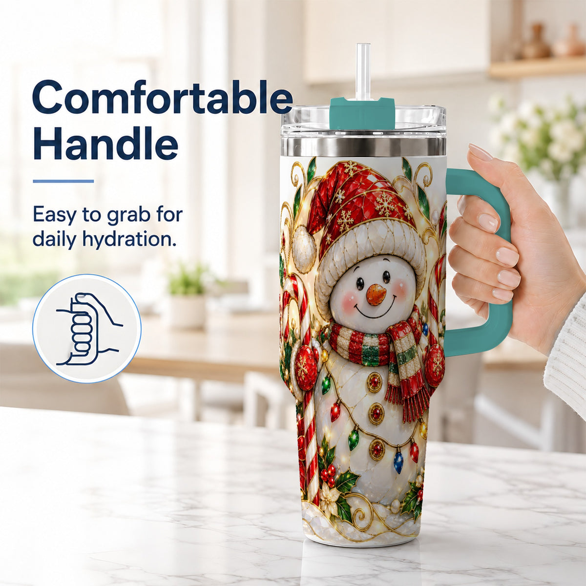 #pl[40oz|Green] Festive Snowman 40oz Tumbler with Handle, Holiday Steel Travel Cup
